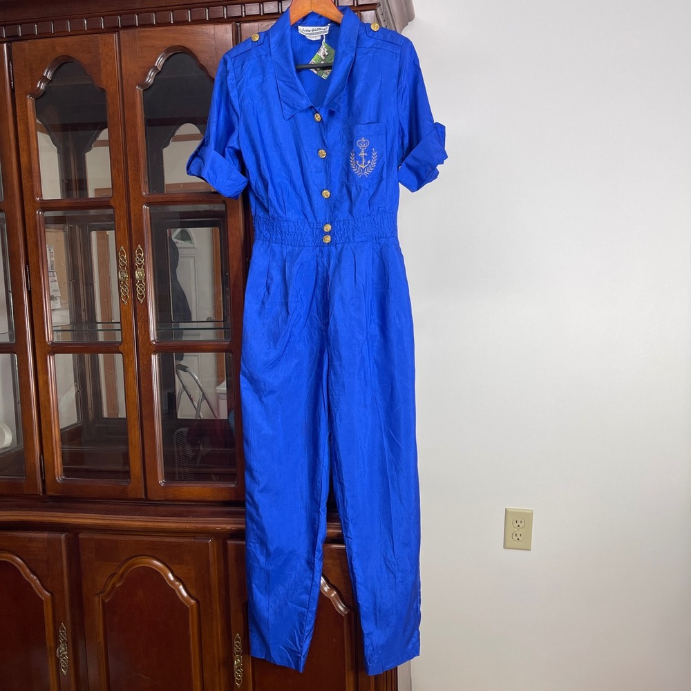 Joan Walters Vintage Royal Blue Nautical Jumpsuit Anchor Gold Buttons NWT Size 8